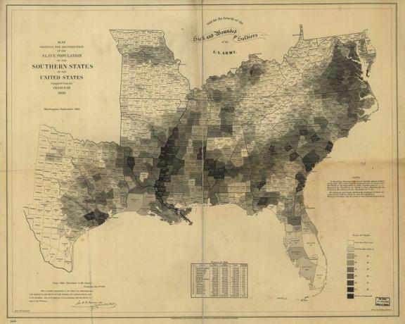 Vergų procentinė dalis gyventojų kiekvienoje vergus turinčių valstijų apskrityje 1860 m.