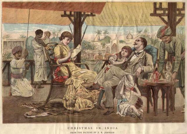 apie 1900 m.: britų šeima švenčia Kalėdas Indijoje.