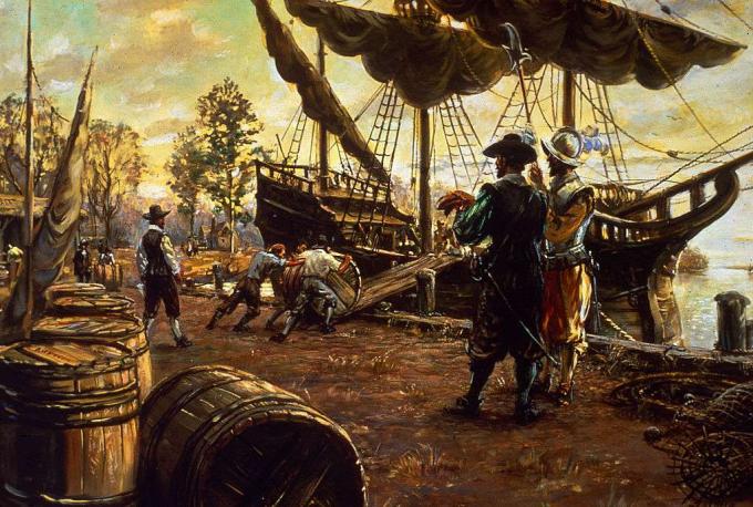 Naujakuriai ridena tabako statines rampa ir ant laivo, ruošdamiesi eksportuoti, Džeimstaunas, Virdžinija, 1615 m.