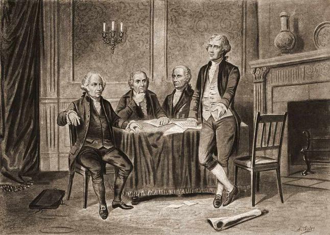 Keturių JAV įkūrėjų iš kairės John Adams, Robert Morris, Alexander Hamilton ir Thomas Jefferson, 1774, iliustracija.