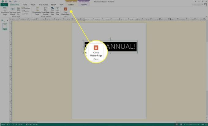 „Microsoft Publisher“ ekrano kopija su paryškintu mygtuku „Uždaryti pagrindinį puslapį“