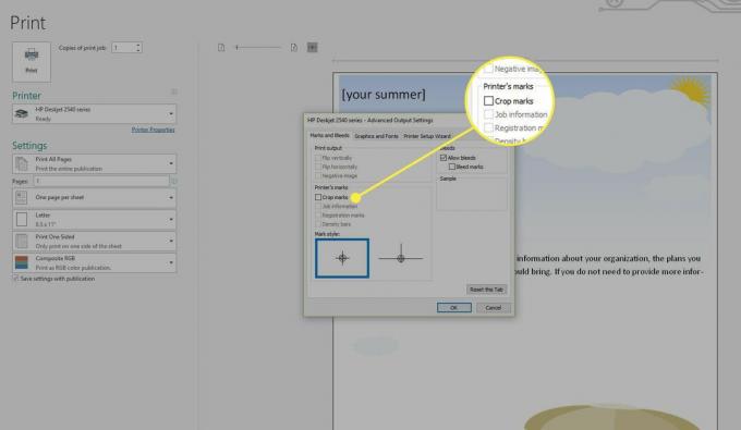 „Publisher's Advanced Output Settings“ ekrano ekrano kopija su paryškinta parinktimi „Crop Marks“