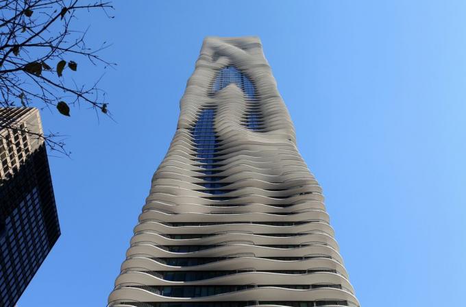 Architekto Jeano Gango „The Aqua“ Lakeshore East Condominiums mieste, Čikagoje, Ilinojaus valstijoje, 2013 m