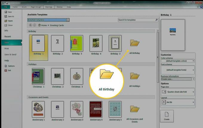 Visų „Birthday“ šablonų aplankas „Microsoft Publisher“