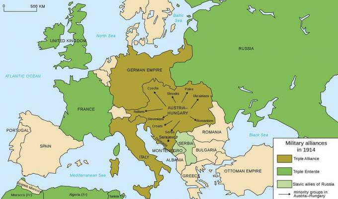 1914 m. Europos karinių sąjungų žemėlapis.