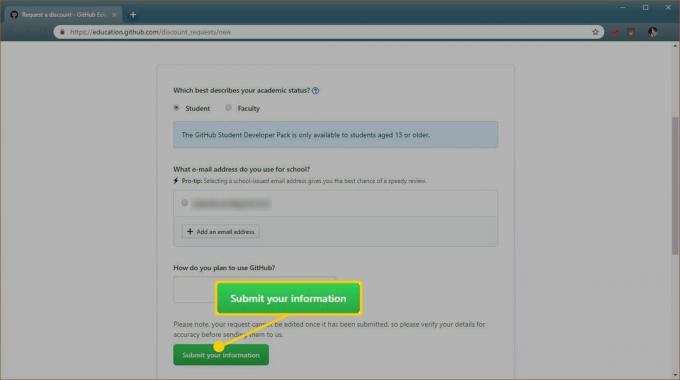 „GitHub“ studentų išmokų prašymo formos ekrano kopija.