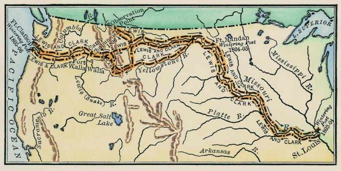 Lewis & Clark ekspedicijos žemėlapis.