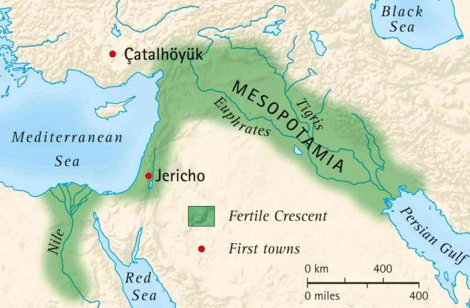 Derlingojo Mesopotamijos ir Egipto pusmėnulio žemėlapis ir pirmųjų miestų vieta