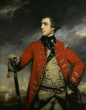 Johnas Burgoyne'as raudonoje britų armijos uniformoje.