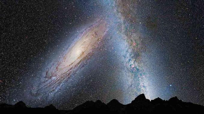 Andromeda ir Pieno kelias susiduria, matant nuo planetos paviršiaus mūsų galaktikos viduje.