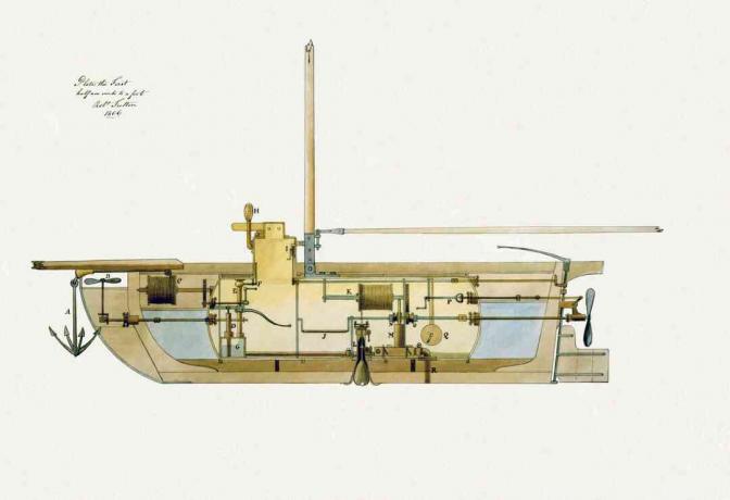 Išradėjo Roberto Fultono povandeninio laivo „Nautilus“ piešinys