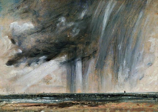 Lietaus audra virš jūros, jūros vaizdai su lietaus debesimis, apie 1824–1828 m., Autorius Johnas Constable'as (1776–1837), aliejus ant popieriaus, padėtas ant drobės, 22,2x31 cm