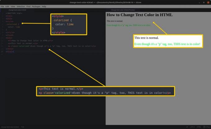 Kodo redaktorius su HTML ir paryškintomis skiltimis kairėje bei HTML peržiūra ir paryškintais rezultatais dešinėje