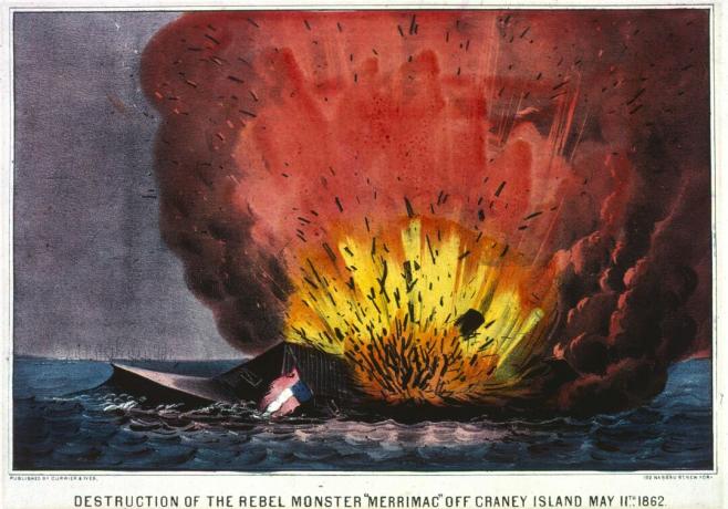 Litografija, rodanti sunaikintą C.S.S. Virdžinija.