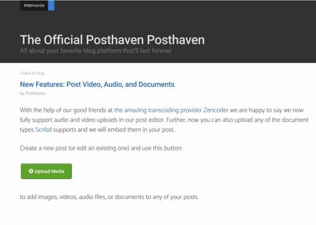 „Posthaven“ pranešimas apie vaizdo, garso ir dokumentų palaikymą