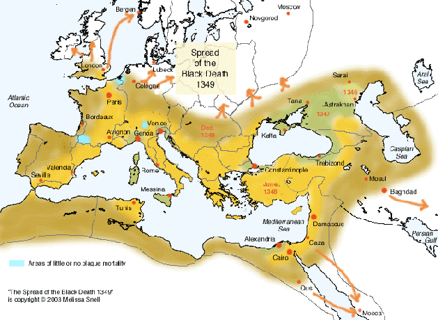 Lėtesnis, bet siaubą keliantis juodosios mirties plitimas, 1349 m