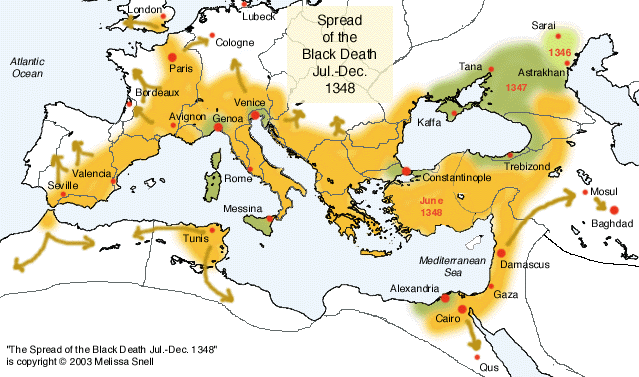 Juodosios mirties plitimas liepa – gruodis. 1348 m