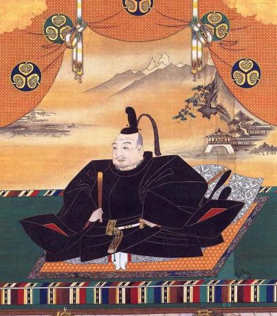 Ant kilimėlio sėdintis Tokugawa Ieyasu paveikslas.