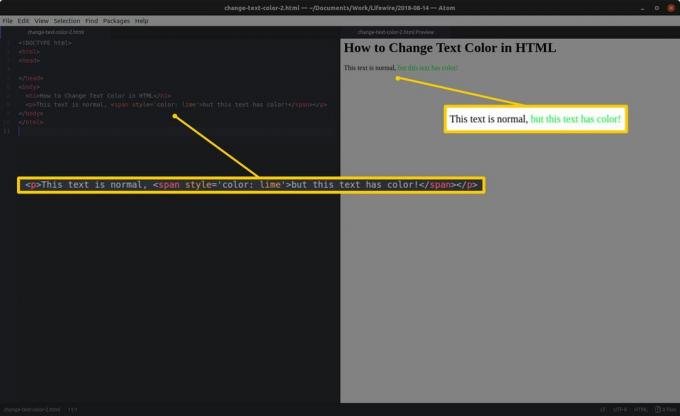 Kodo redaktorius su HTML ir paryškintomis skiltimis kairėje bei HTML peržiūra ir paryškintais rezultatais dešinėje