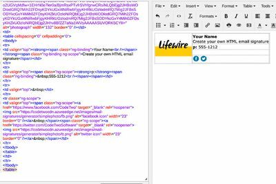 HTML parašas (dešinėje) su HTML kodu (kairėje)