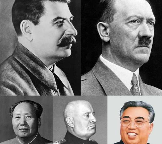 Koliažas totalitarinių lyderių (kiekviena eilutė - iš kairės į dešinę) Josifas Stalinas, Adolfas Hitleris, Mao Zedongas, Benito Mussolini ir Kim Il-sungas.
