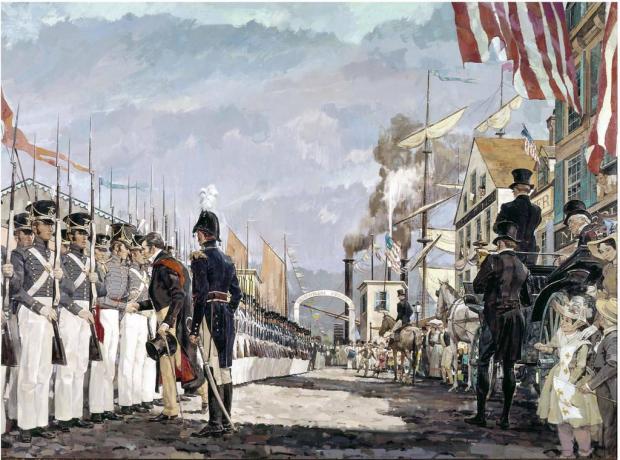 Spalvotas Markizo de Lafajetės susitikimas su Nacionaline gvardija Niujorke 1825 m.