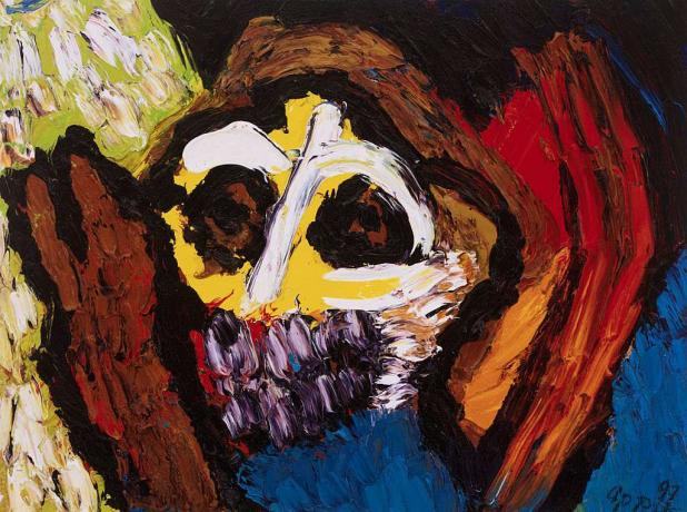 Spalvingas Karel Appel kaukės paveikslas