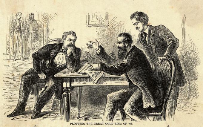 Jamesas Fiskas (kairėje) ir Jay Gouldas (sėdi dešinėje) nubraižė 1869 m. Didįjį aukso žiedą. Graviravimas.
