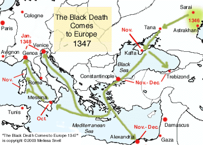 Ligos atvejis į Rytų Europą ir Italiją Juodoji mirtis atkeliauja į Europą, 1347 m