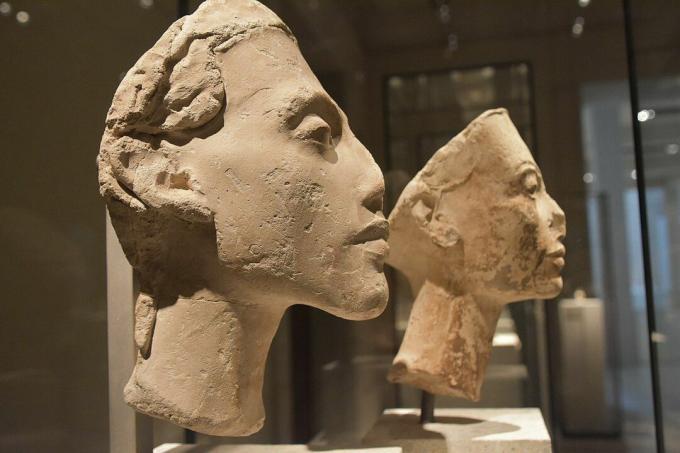 Nefertiti ir Akhenaten krūtinės, profilio vaizdas.