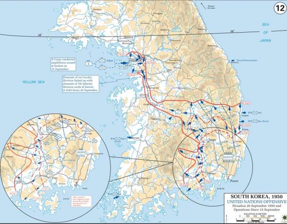 Inchon invazijos ir Pusan ​​perimetro lūžio žemėlapis