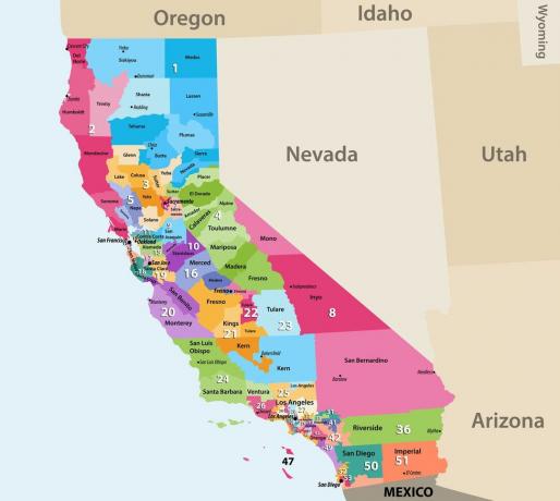 53 JAV Kalifornijos kongresų rajonų žemėlapis.